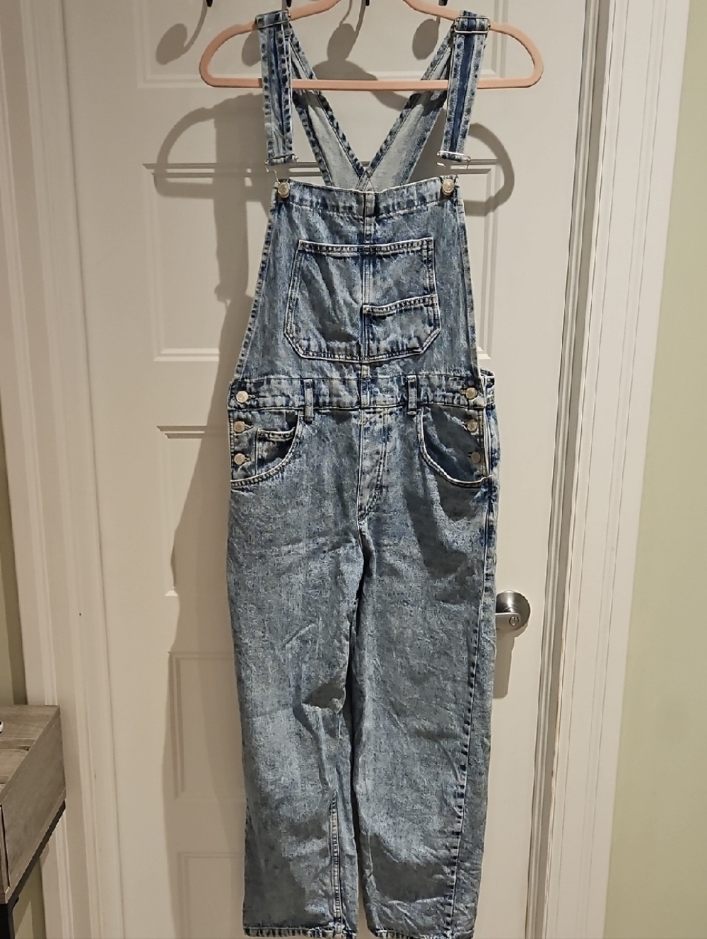We The Free Light Ziggy Blue Acid Wash Denim Straight Leg Overalls